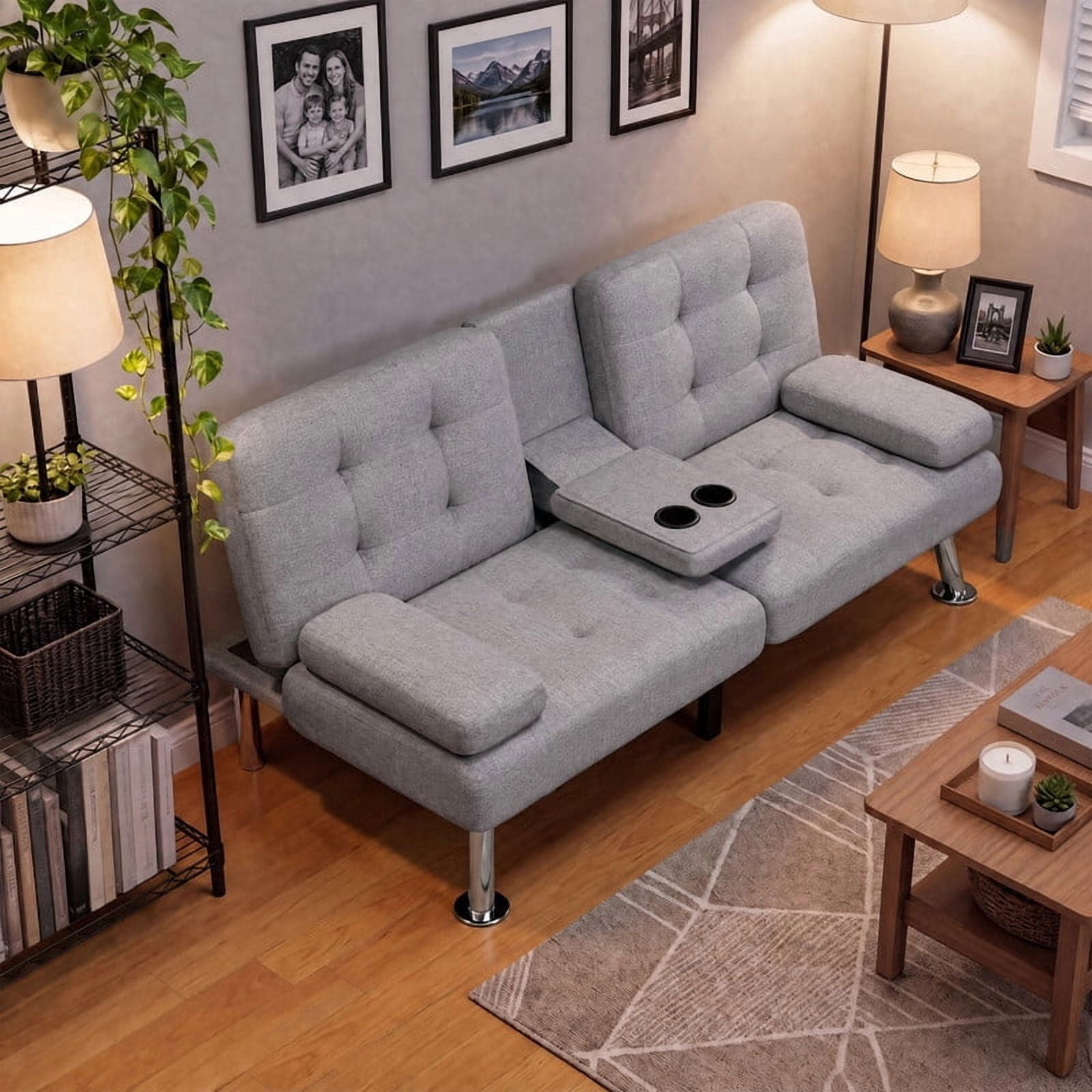 Lacoo Futon Sofa Bed, Linen Convertible Couch Sleeper Sofa, Cup Holders, Small Spaces,Gray