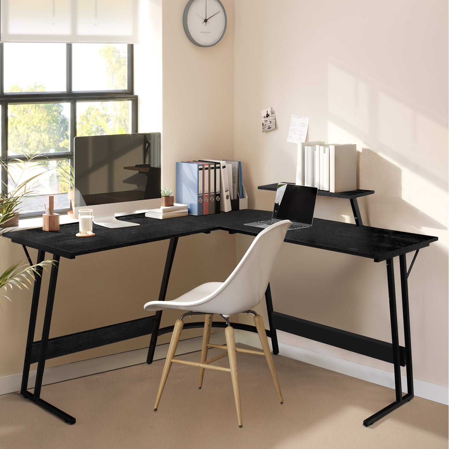 Black L-Shaped Computer Desk with Monitor Stand and Metal Frame