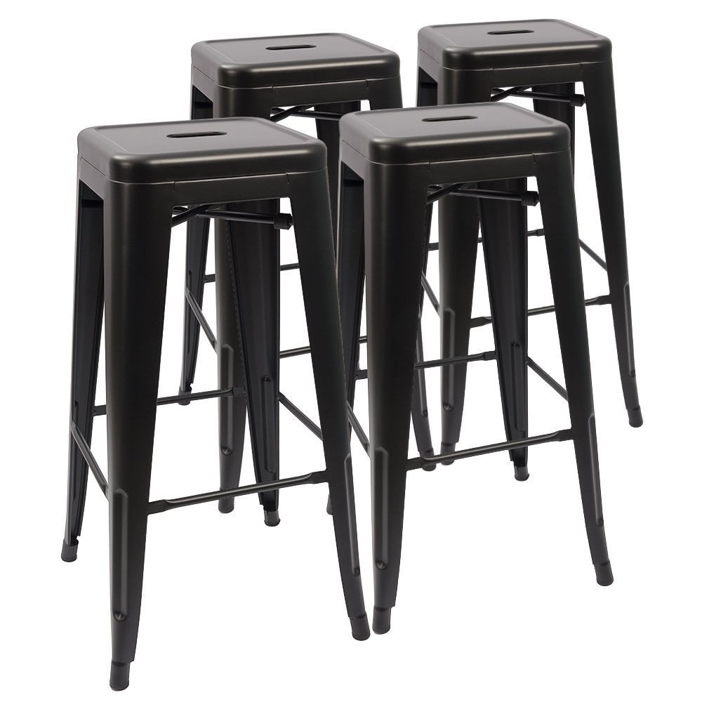 Lacoo Indoor-Outdoor 30'' Modern Tolix Style Metal Backless Light Weight Bar Stools with Square Seat, Deep Black