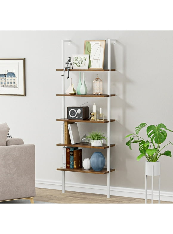 Lacoo Industrial Ladder Shelf, 5-Tier Wood Wall-Mounted Bookcase with Stable Metal Frame, 72 Inches Storage Rack Shelves Display Plant Flower, Stand Bookshelf for Home Office - White/Brown Oak