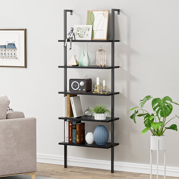 Lacoo 5-Shelf Wall-Mounted  Bookcase, Space Saving Ladder Rack for Display, Black