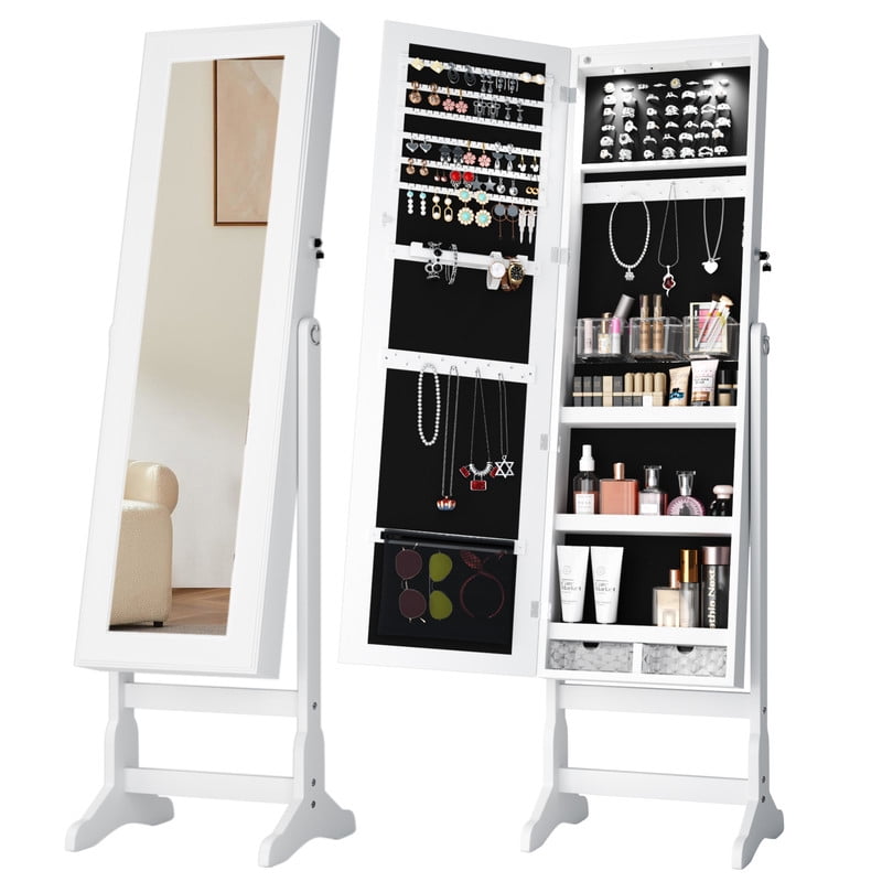 Lacoo Jewelry Cabinet Armoire with Full Length Mirror LED Light, Free-Standing Jewelry Organizer for Dressing Rooms & Bedrooms, White