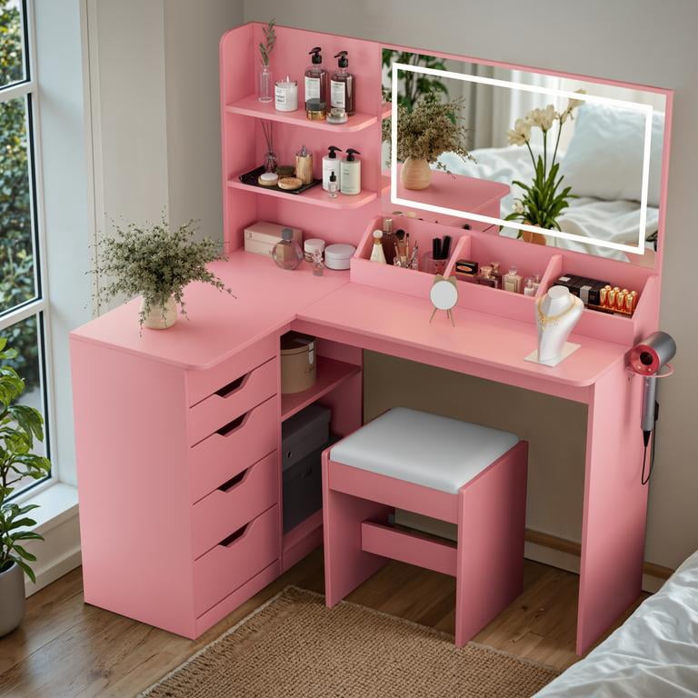 Lacoo L-Shaped Corner Vanity Desk with LED Mirror & Stool, 5-Drawer Makeup Vanity Table with Charging Station & Hair Dryer Rack, Space-Saving Corner Vanity Set for Bedroom, Pink