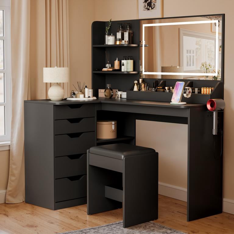 Lacoo L-Shaped Corner Vanity Desk with LED Mirror & Stool, 5-Drawer Makeup Vanity Table with Charging Station & Hair Dryer Rack, Space-Saving Corner Vanity Set for Bedroom, Black