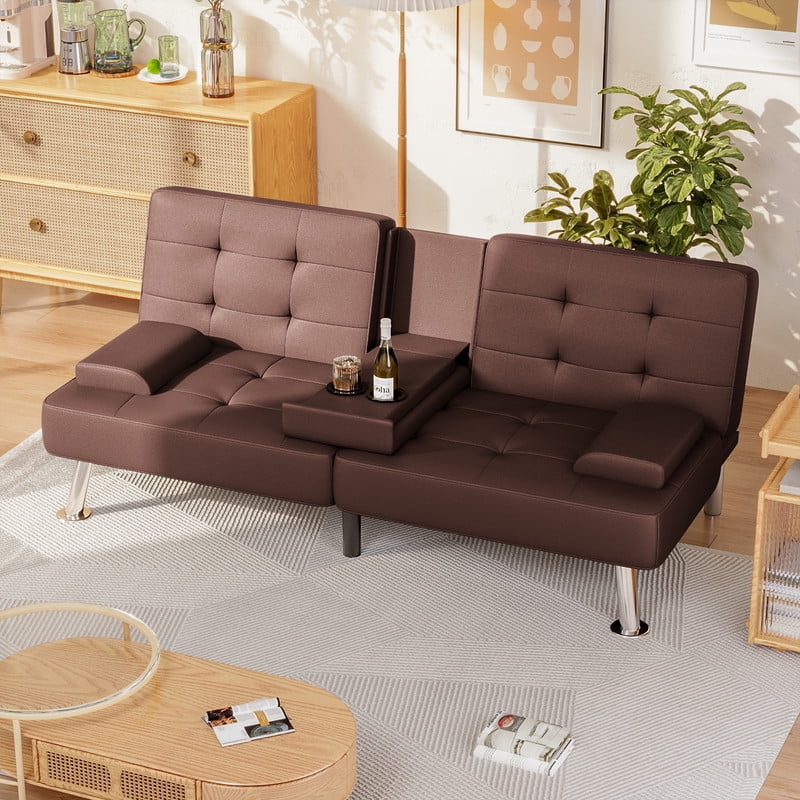 Lacoo Linen Futon Sofa Bed Modern Convertible Sleeper Couch with Removable Armrests & Cup Holders for Living Room,Small Spaces,PU Leather Brown
