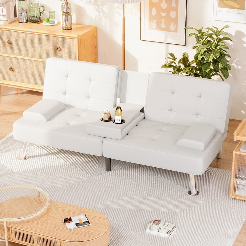 Lacoo Linen Futon Sofa Bed Modern Convertible Sleeper Couch with Removable Armrests & Cup Holders for Living Room,Small Spaces,PU Leather White