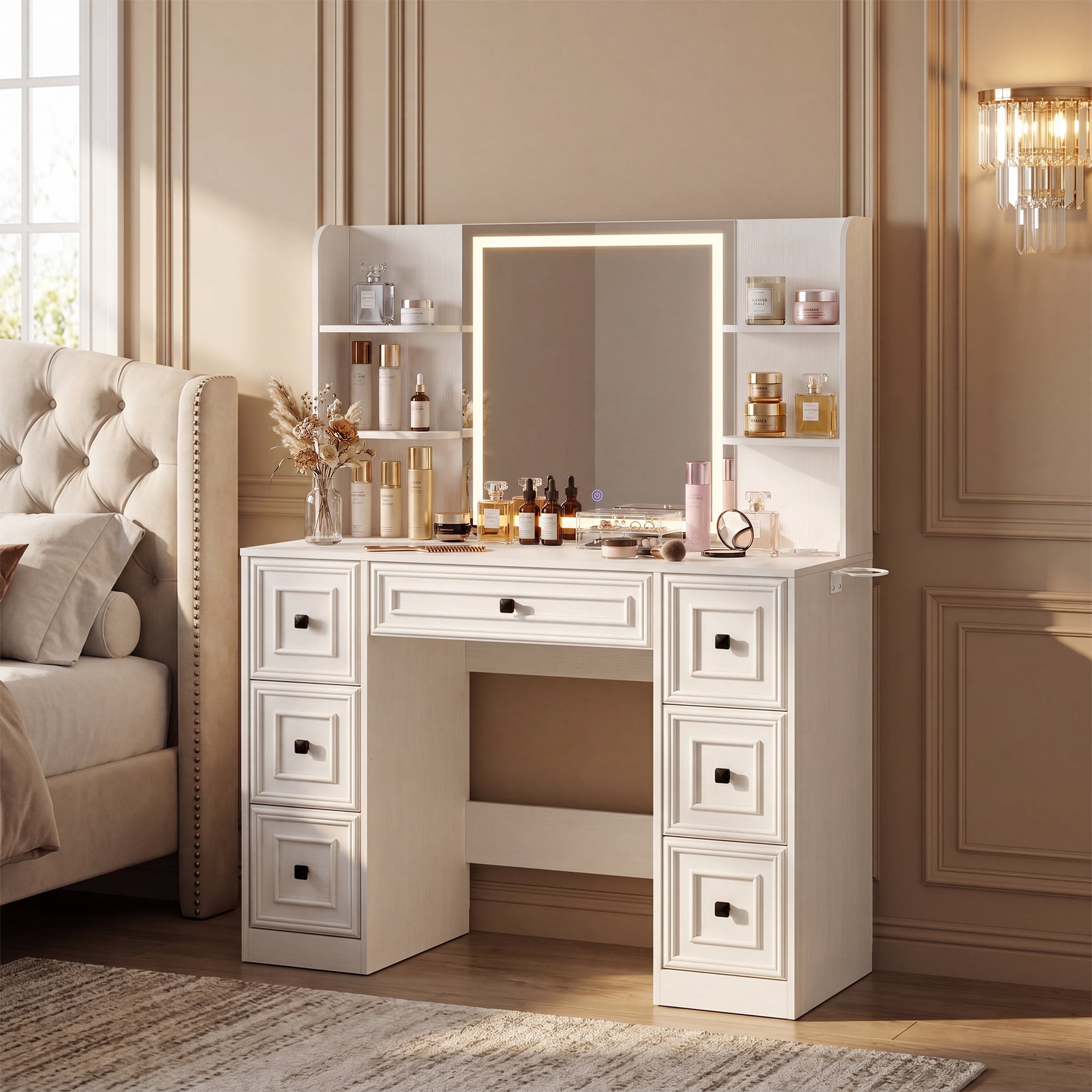 Lacoo Makeup Vanity Desk with LED Lighted Mirror & Charging Station, 7 Drawers Vanity Table with Open Shelves & Hair Dryer Holder for Bedroom Dressing Room, White
