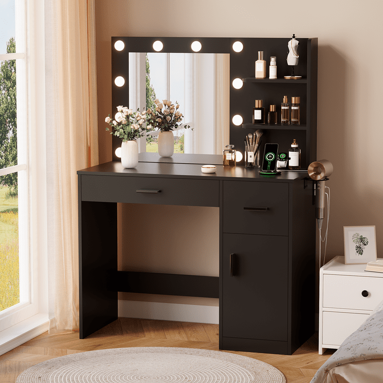 Lacoo Makeup Vanity Desk with Lights & Charging Station, Vanity Set with Mirror, Storage Shelves & Drawers, Vanity Table for Bedroom Dressing Room, Black