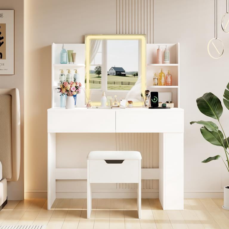 Lacoo Makeup Vanity Set with Lighted Mirror & Storage Stool, 3 Color Dimmable LED Dressing Table with Drawers & Shelves for Bedroom, White