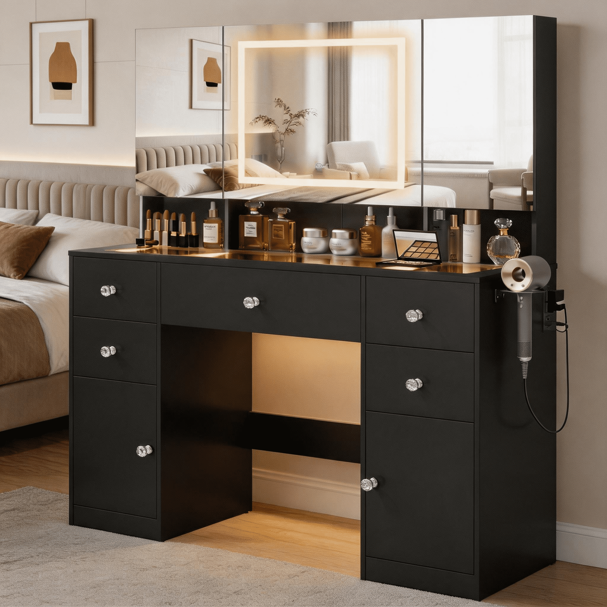 Lacoo Makeup Vanity with LED Lighted Mirror Cabinet & Charging Station, Black Vanity Set with Storage Drawers & Doors, Vanity Desk for Bedroom, Black