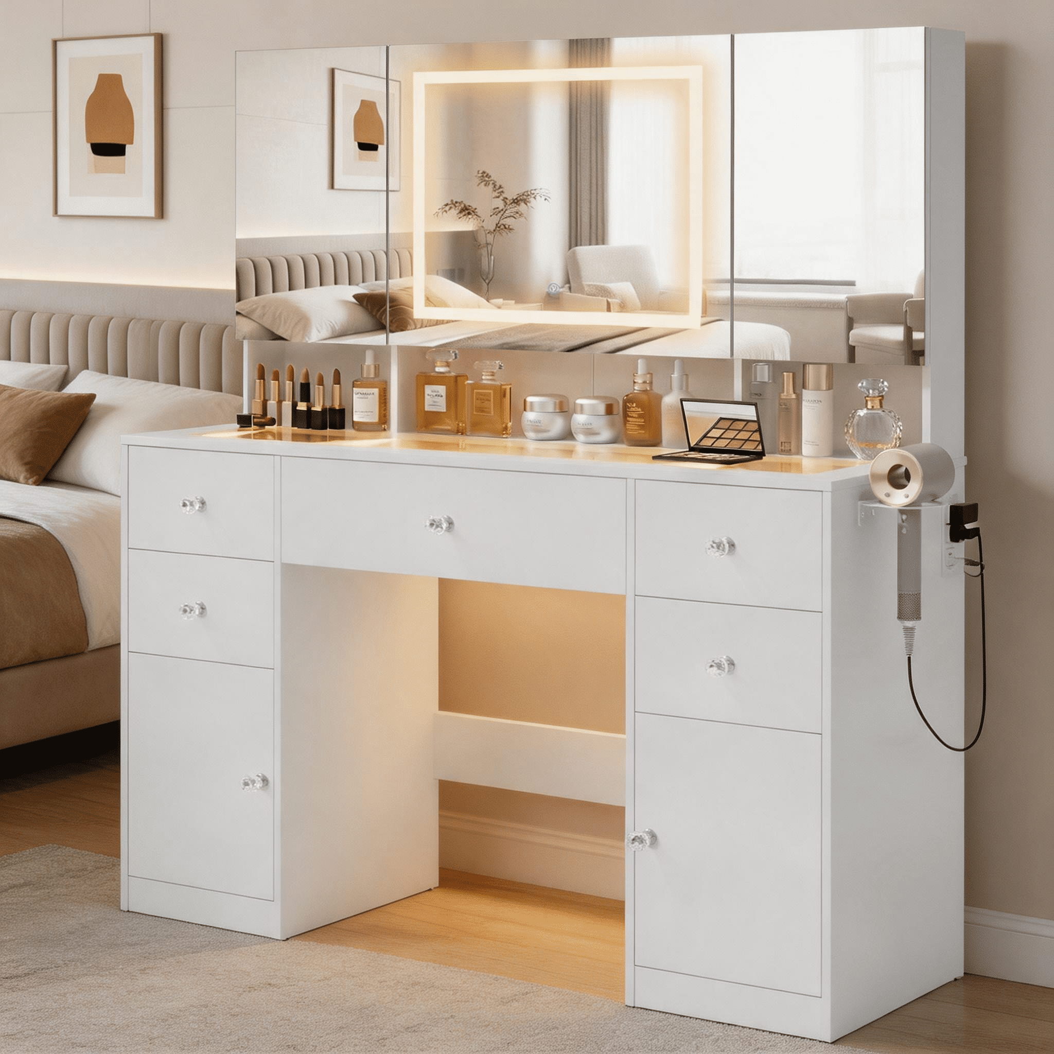 Lacoo Makeup Vanity with LED Lighted Mirror Cabinet & Charging Station, White Vanity Set with Storage Drawers & Doors, Vanity Desk for Bedroom, White