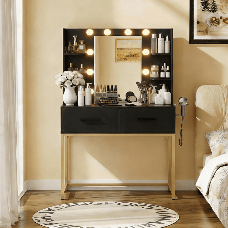 Lacoo Makeup Vanity with LED Lights & Charging Station, Vanity Set with 4 Shelves & 2 Storage Drawers, Vanity Table for Bedroom, Black