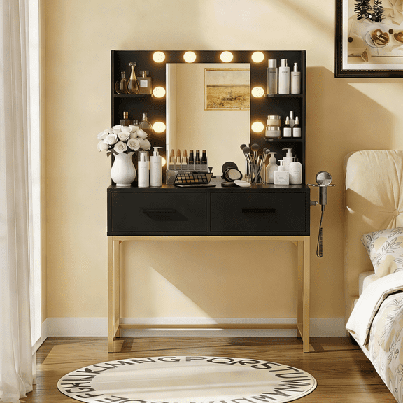 Lacoo Makeup Vanity with LED Lights & Charging Station, Vanity Set with 4 Shelves & 2 Storage Drawers, Vanity Table for Bedroom, Black