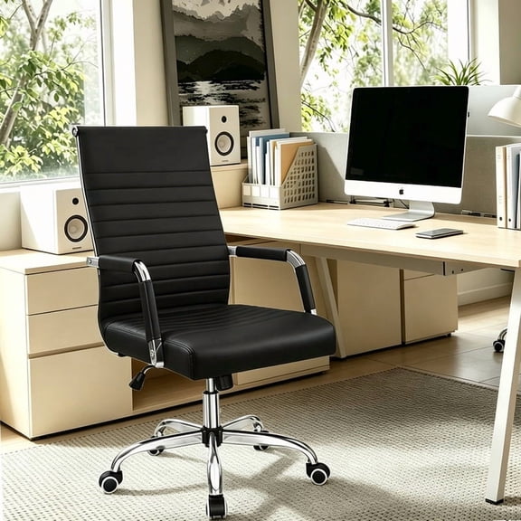 Lacoo Mid-Back Faux Leather Office Desk Chair Executive Conference Task Chair with Arms, Black