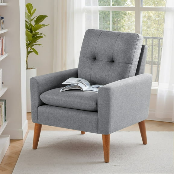 Lacoo Mid Century Accent Chair Modern Fabric Upholstered Armchair with Solid Wood Legs for Living Room, Gray