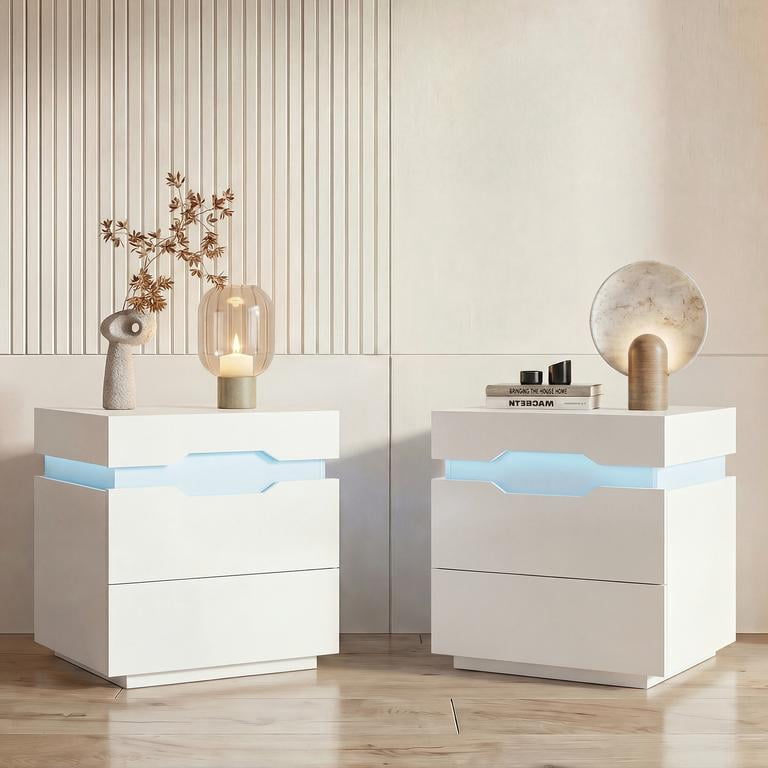 Lacoo Modern End Table Set of 2 with LED Lights & Charging Station, White Nightstand with 2 Drawers & Upper Storage for Living Room Bedroom, 2 Drawer