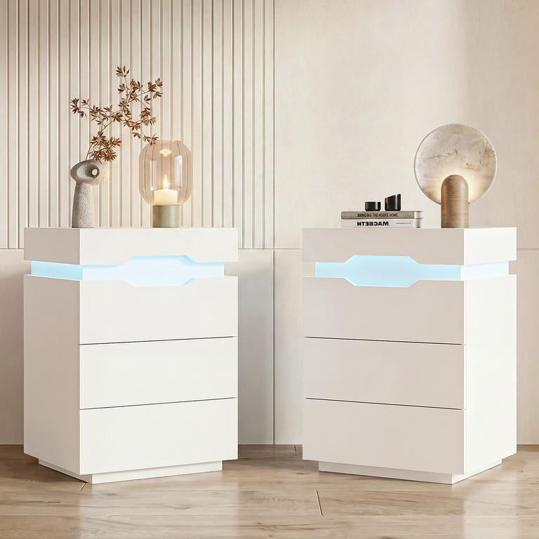 Lacoo Modern End Table Set of 2 with LED Lights & Charging Station, White Nightstand with 3 Drawers & Upper Storage for Living Room Bedroom, 3 Drawer