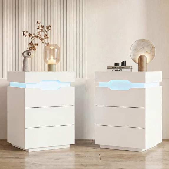 Lacoo Modern End Table Set of 2 with LED Lights & Charging Station, White Nightstand with 3 Drawers & Upper Storage for Living Room Bedroom, 3 Drawer