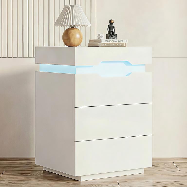 Lacoo Modern End Table with LED Lights & Charging Station, White Nightstand with 3 Drawers & Upper Storage for Living Room Bedroom, 3 Drawer
