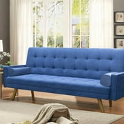 Lacoo Modern Linen Fabric Futon Sofa Bed Split Back with Pillows, 76" Blue