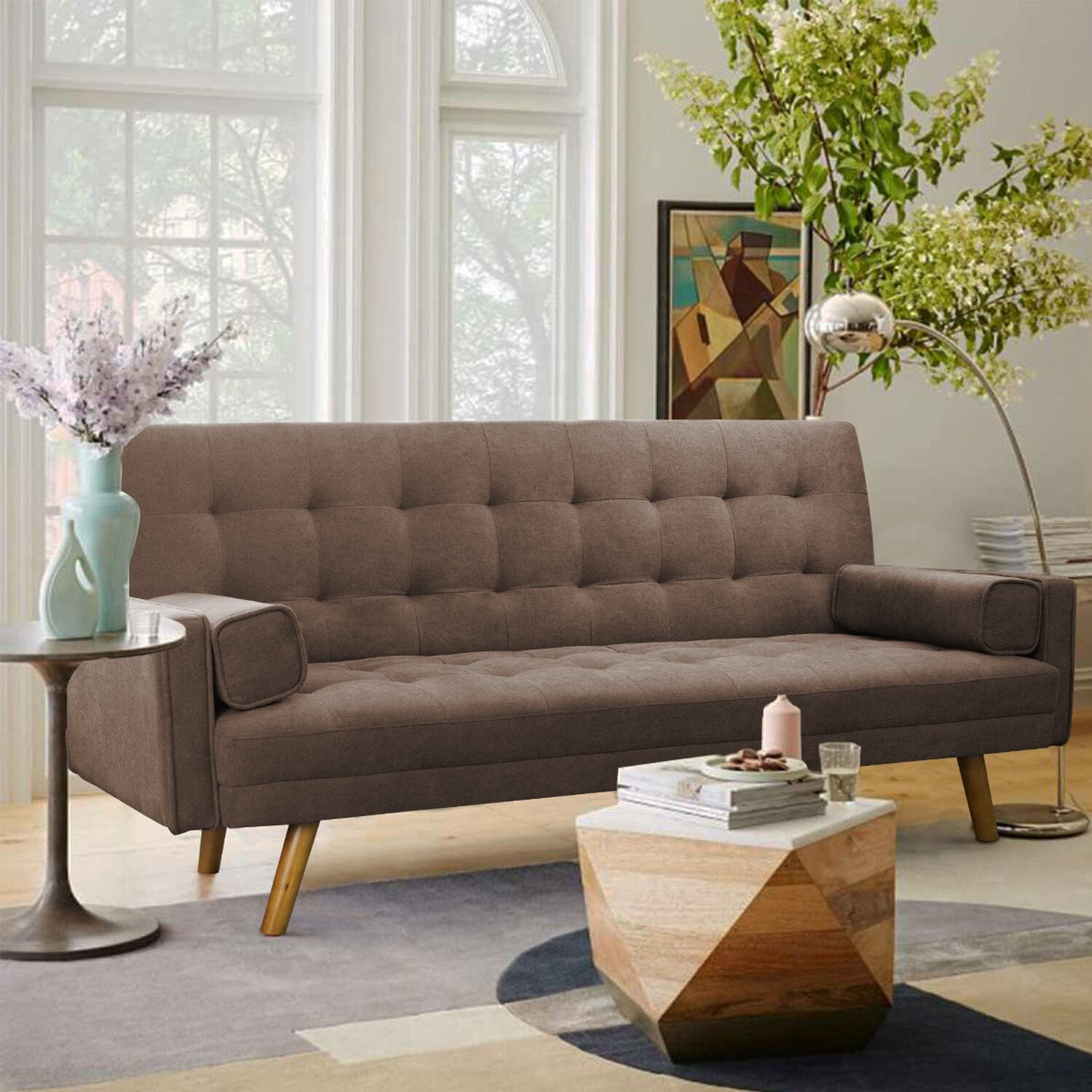 Zoologisk have kedel gele Lacoo Modern Linen Fabric Futon Sofa Bed Split Back with Pillows, 76" Brown  - Walmart.com