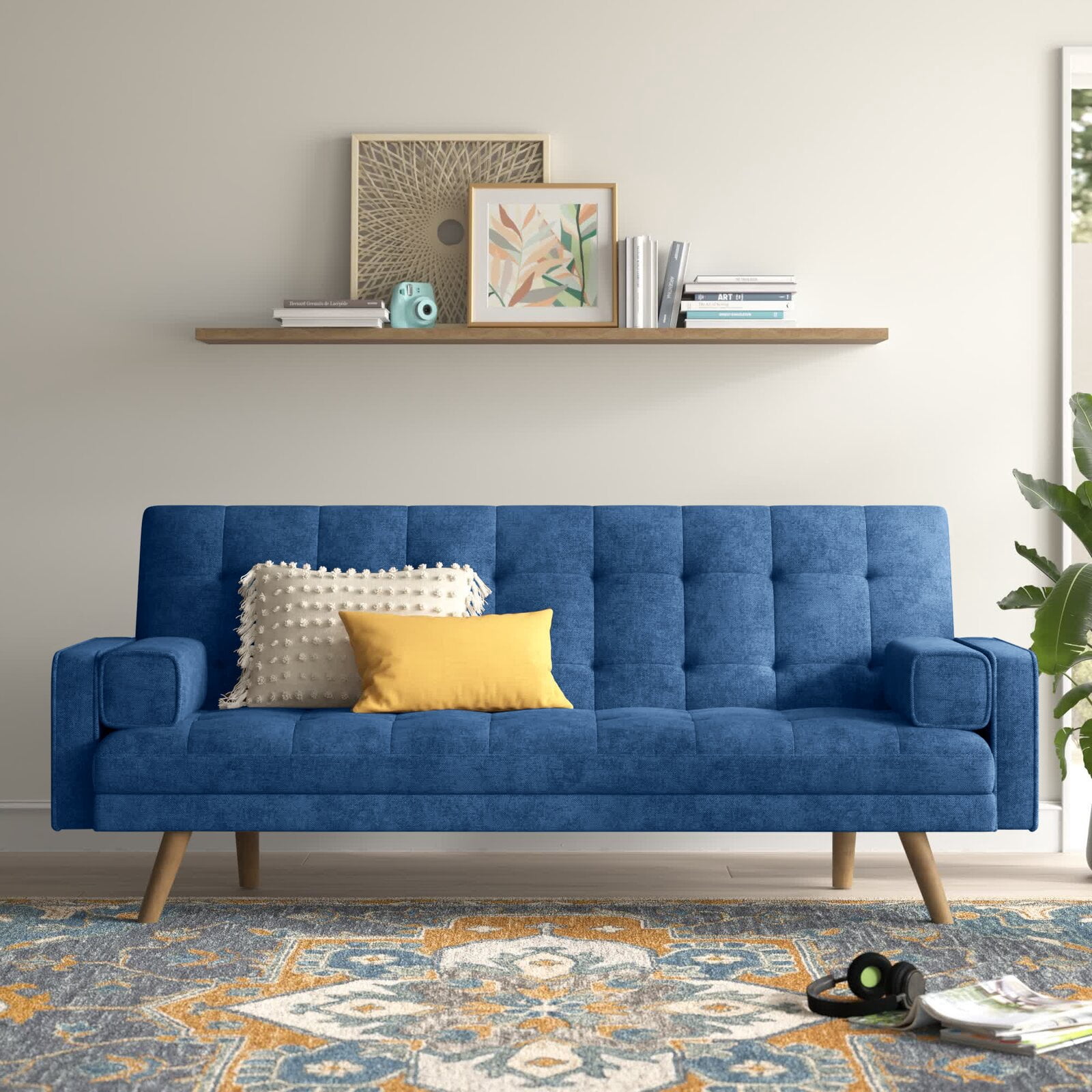 Lacoo Modern Linen Fabric Futon Sofa Bed with Pillows, 76" Blue