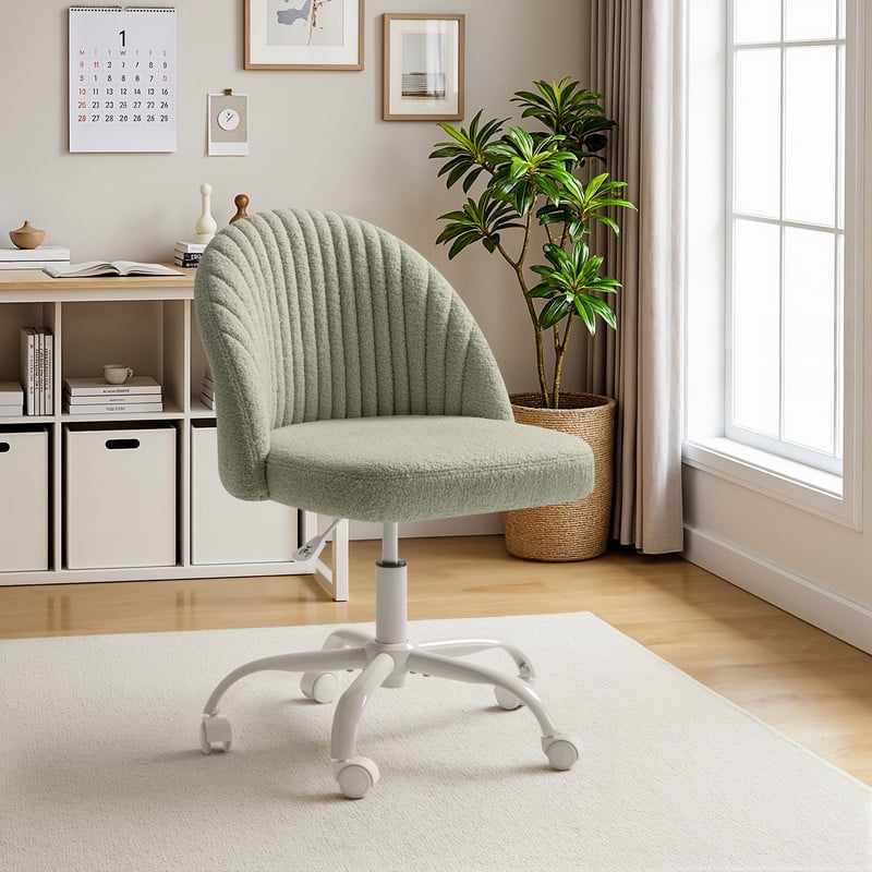 Lacoo Modern Vanity Chair with Back, Teddy Velvet Desk Chair for Bedroom, Living Room or Study,Small Office Chair,Green