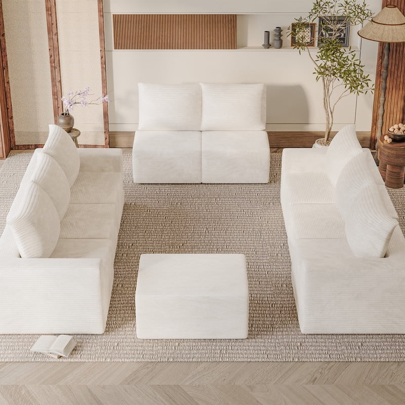 Lacoo Modular Sectional Sofa Set, Cloud-Like Corduroy Seating Couch with Ottoman & Pillows, Oversized L-Shaped Modular Sofa for Living Room, Home Theater, Beige
