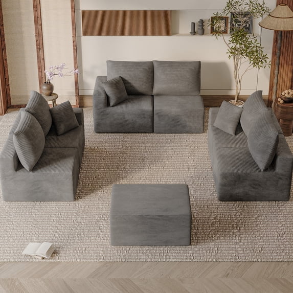 Lacoo Open Modular Sofa Set, Soft Corduroy Upholstered Modular Sectional Couch with Accent Pillows, Flexible Seating for Family & Guest, Gray