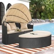 Walnew Outdoor Patio Round Daybed with Retractable Canopy Wicker Furniture Sectional Seating with Washable Cushions for Patio Backyard Porch Pool Daybed Separated Seating Beige
