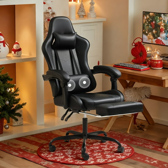 Lacoo PU Leather Gaming Chair Carbon Fiber Massage Ergonomic Gamer Chair Height Adjustable Computer Chair with Footrest & Lumbar Support,Black