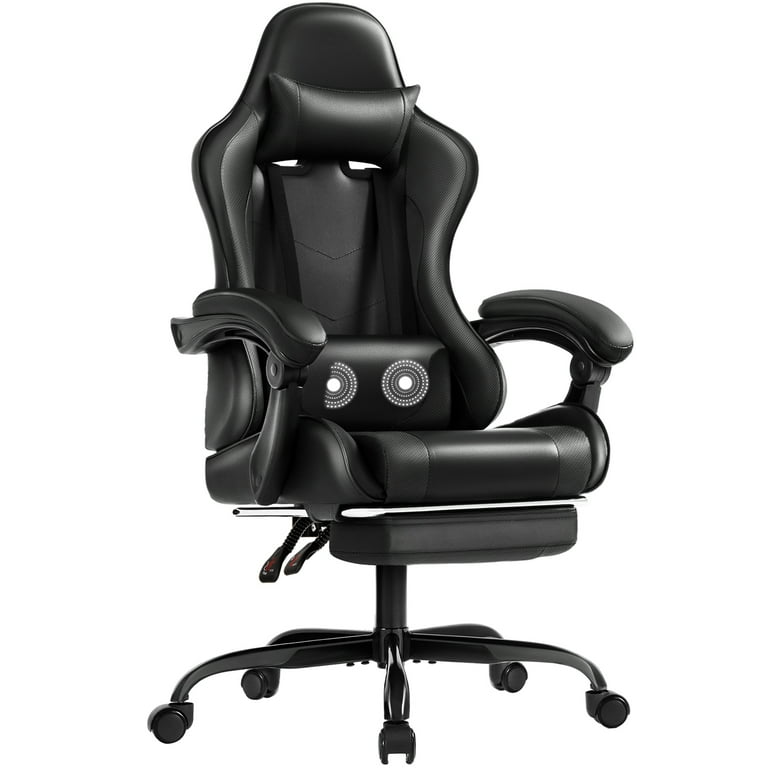 Lacoo PU Leather Gaming Chair Carbon Fiber Massage Ergonomic Gamer Chair Height Adjustable Computer Chair with Footrest Lumbar Support Black