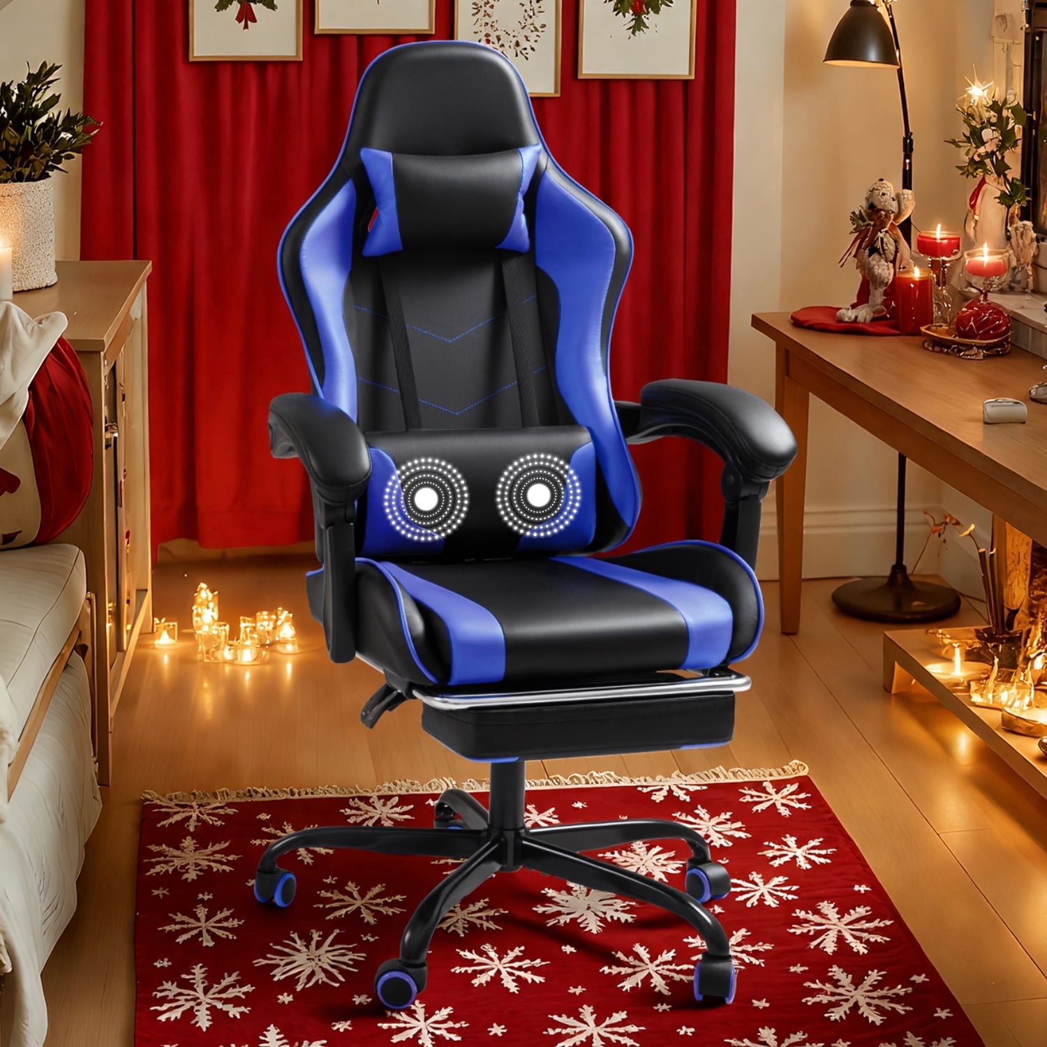 Homall PU Leather Gaming Chair Massage Ergonomic Gamer Chair Height Adjustable Computer Chair with Footrest & Lumbar Support, Blue