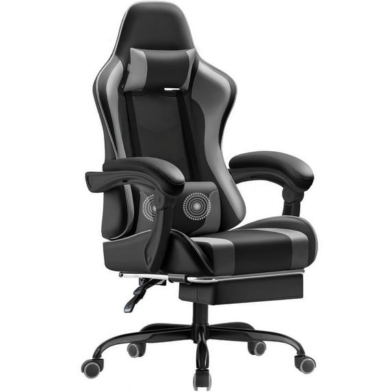 Lacoo PU Leather Gaming Chair Massage Ergonomic Gamer Chair Height Adjustable Computer Chair with Footrest & Lumbar Support,Gray