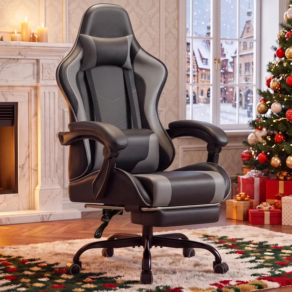 Homall Gaming Chair Massage Ergonomic Gamer Chair Height Adjustable Racing Chair PU Leather Computer Chair with Footrest & Lumbar Support, Gray