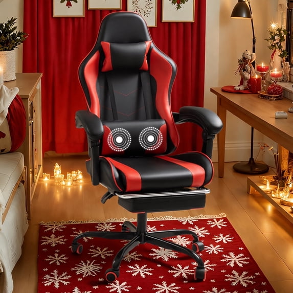 Homall PU Leather Gaming Chair Massage Ergonomic Gamer Chair Height Adjustable Computer Chair with Footrest & Lumbar Support,Red