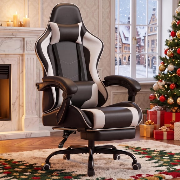 Homall Gaming Chair Massage Ergonomic Gamer Chair Height Adjustable Racing Chair PU Leather Computer Chair with Footrest & Lumbar Support, White