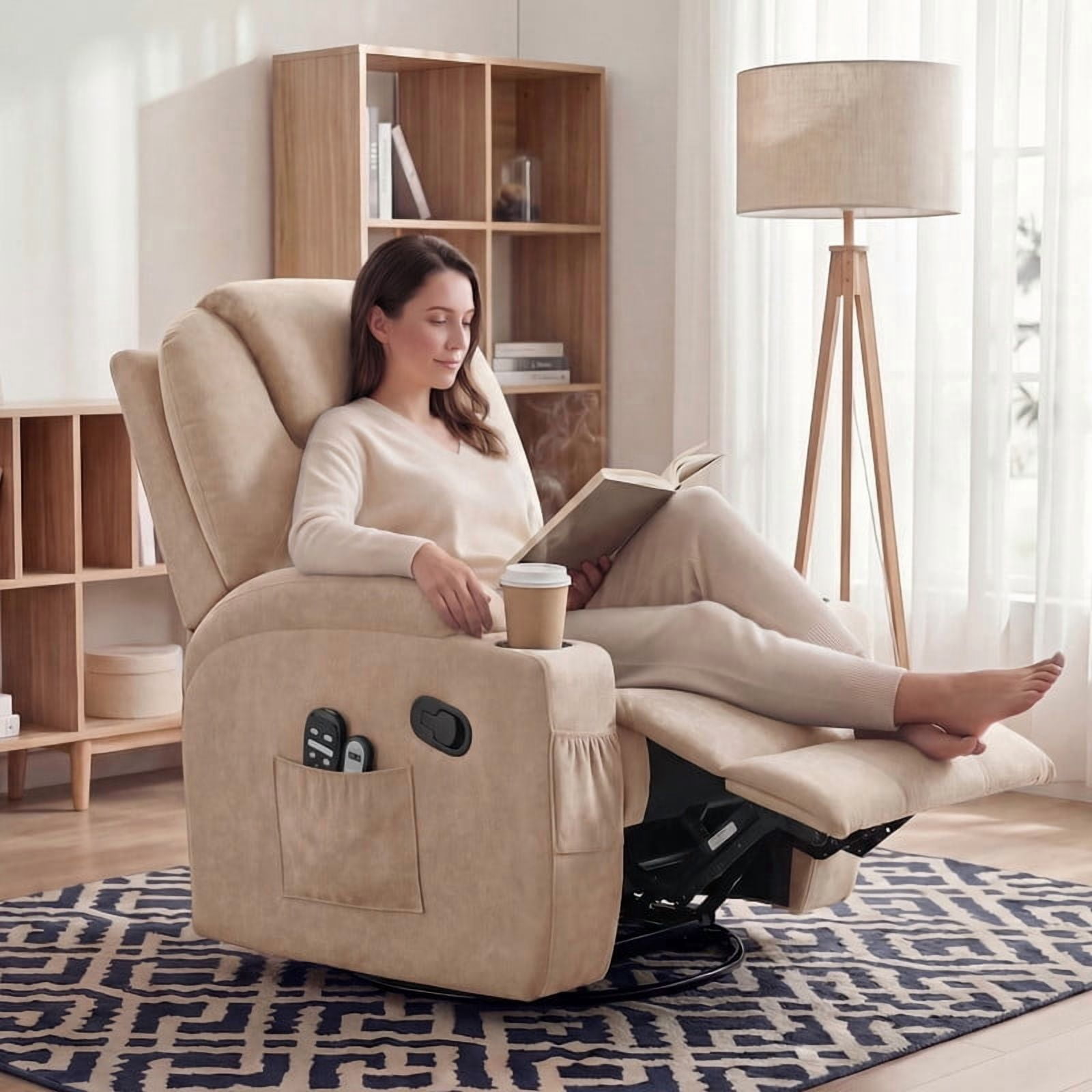 Lacoo PU Leather Swivel Rocker Recliner with Massage for Living Room Small Spaces Lounge Recliner Chair with Side Pockets for Adults,Linen Beige
