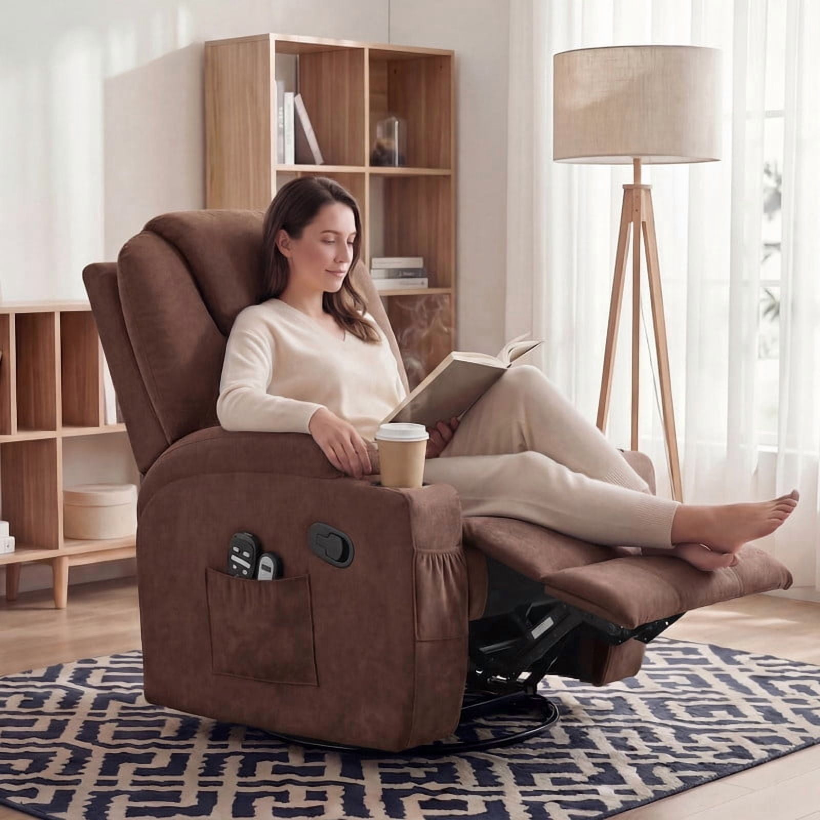Lacoo PU Leather Swivel Rocker Recliner with Massage for Living Room Small Spaces Lounge Recliner Chair with Side Pockets for Adults,Linen Brown