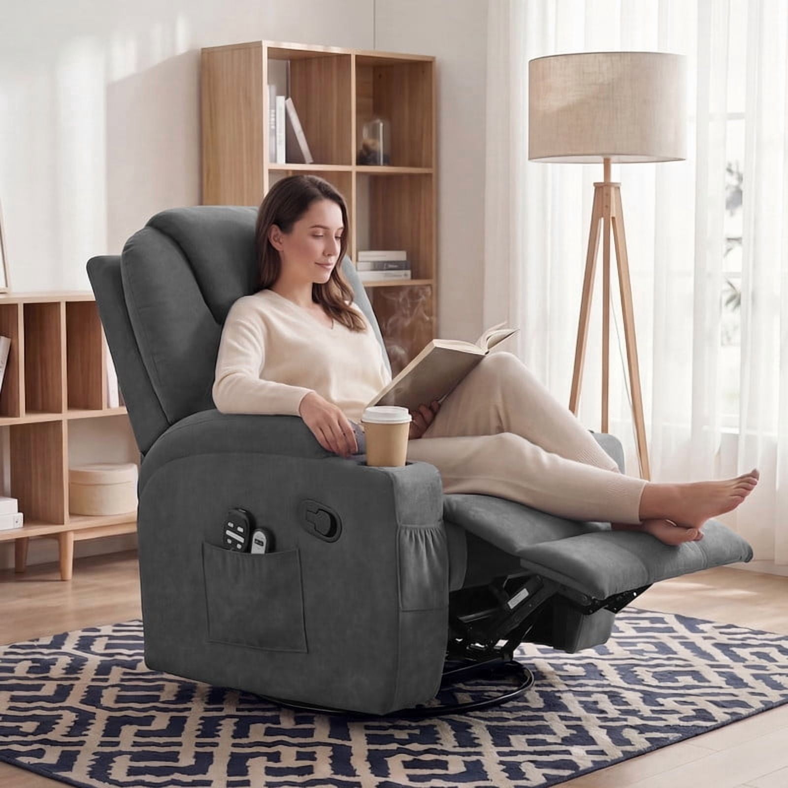 Lacoo PU Leather Swivel Rocker Recliner with Massage for Living Room Small Spaces Lounge Recliner Chair with Side Pockets for Adults,Linen Gray
