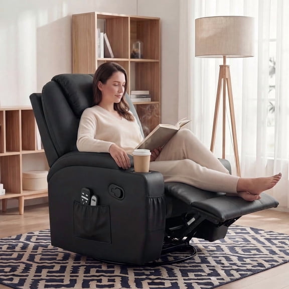 Lacoo PU Leather Swivel Rocker Recliner with Massage for Living Room Small Spaces Lounge Recliner Chair with Side Pockets for Adults,PU Black