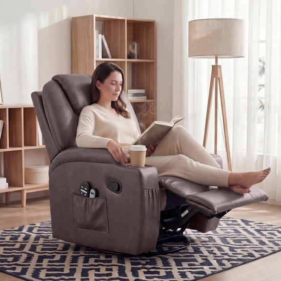 Lacoo PU Leather Swivel Rocker Recliner with Massage for Living Room Small Spaces Lounge Recliner Chair with Side Pockets for Adults,PU Brown