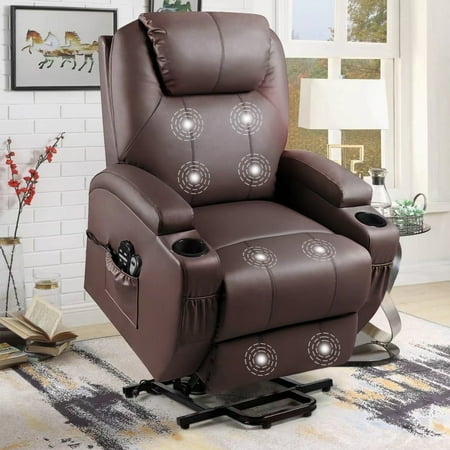 Lacoo Power Lift Recliner with Massage, Brown Faux Leather