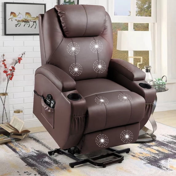 Lacoo Power Lift Recliner with Massage, Brown Faux Leather