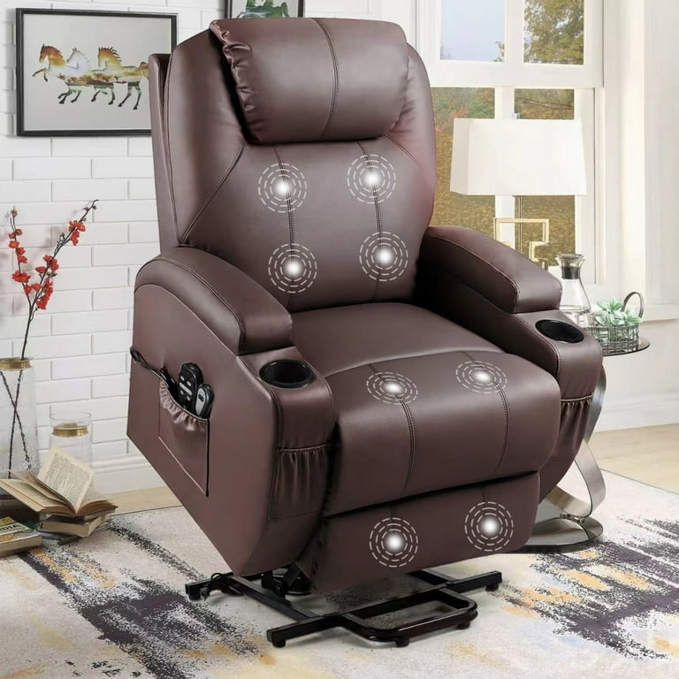 Lacoo Power Lift Recliner with Massage and Heat Brown Faux Leather Size Regular