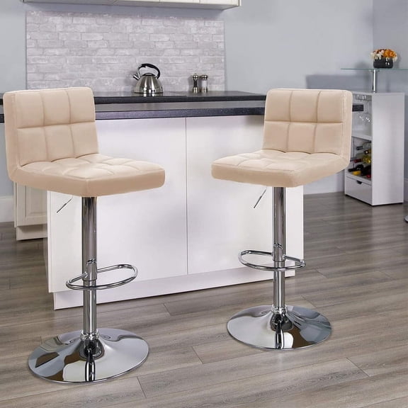 Lacoo Set of 2 Bar Stools Adjustable Swivel Armless Barstools with PU Leather, Khaki