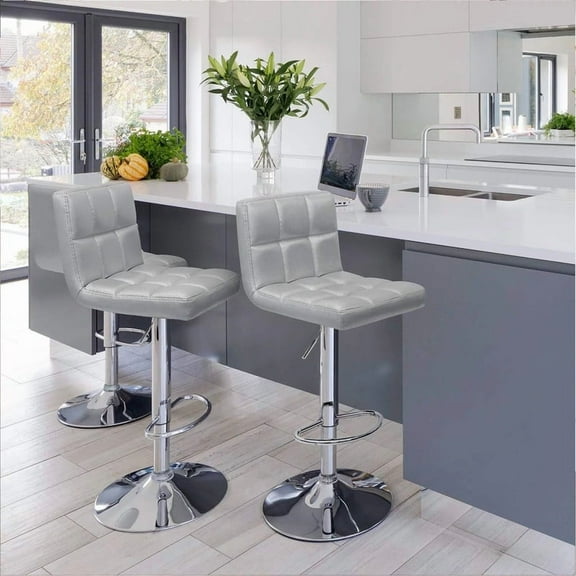 Lacoo Set of 2 Bar Stools Adjustable Swivel Armless Barstools with PU Leather, Sliver