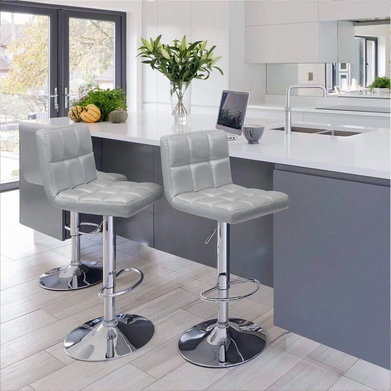 Lacoo Set of 2 Bar Stools Adjustable Swivel Armless Barstools with PU Leather, Sliver
