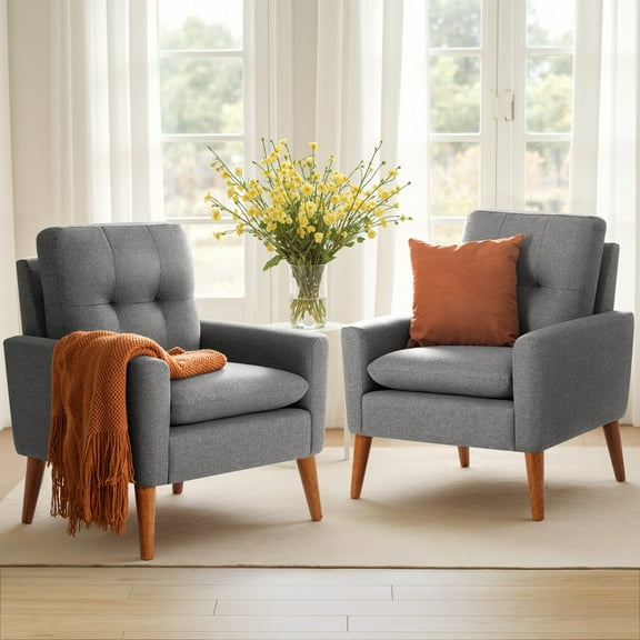 Lacoo Set of 2 Mid Century Accent Chair Modern Fabric Upholstered Armchair with Solid Wood Legs for Living Room, Gray