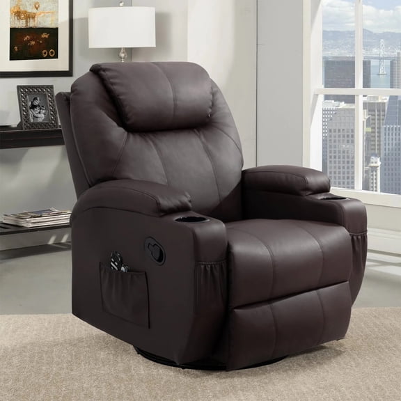 Lacoo Swivel Rocker Recliner with Massage, Brown Faux Leather